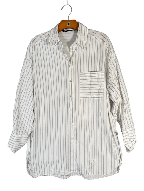 Tops - Zara White Poplin Pinstipe Button Up Shirt Minimalist Oversized Scandi M